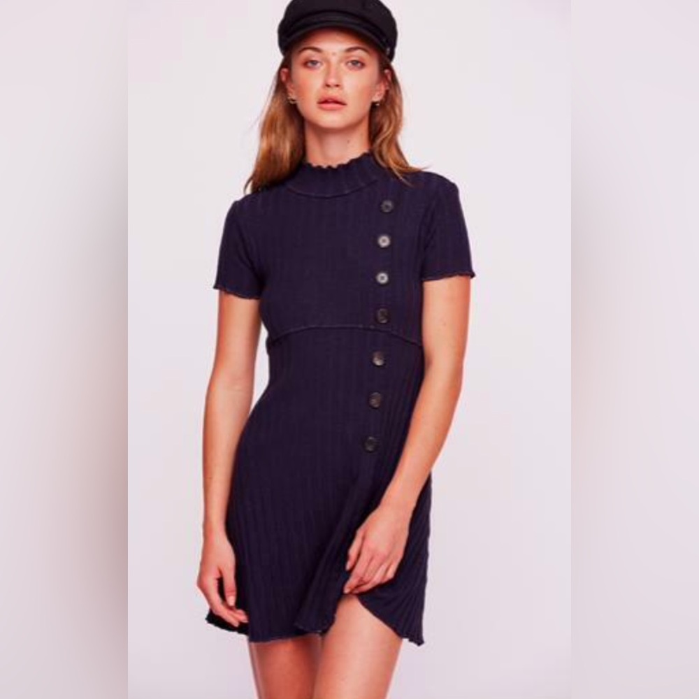 Free People Lottie Navy Blue Ribbed Button Front Mock Neck Sweater Dress XL (A11